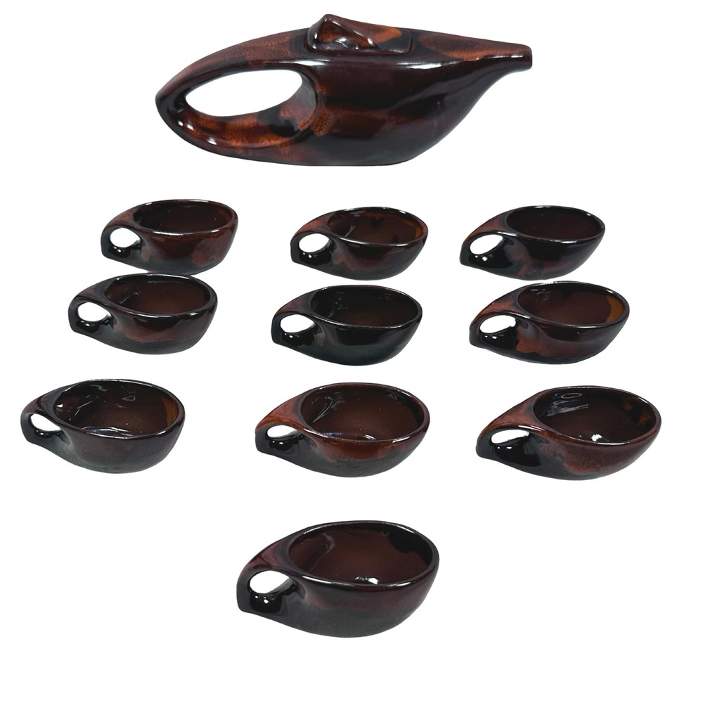 Mid‎ Century Modern Ceramic Saki Teapot 10 Cups Set Dark Brown Mottled Glaze MCM